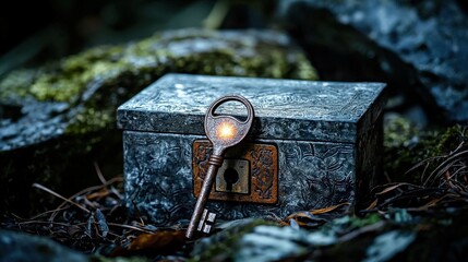 Wall Mural - Mysterious rusty key illuminates hidden treasure chest in enchanted forest fantasy scene close-up perspective adventure