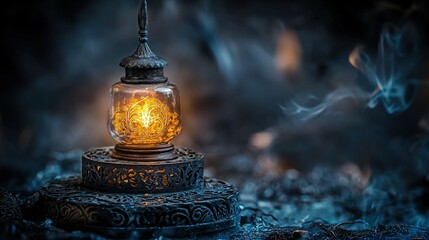 Poster - Ethereal glow of an antique rubber stamp on a decorative table mystical setting artistic photography soft focus enchantment
