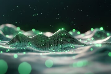 Wall Mural - abstract digital landscape with green glowing particles and waves in dark background