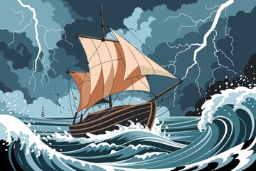 Illustration of a sailing ship battling stormy waves and lightning in monochrome colors
