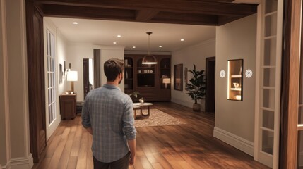 Aufkleber - A man stands in a well-designed interior space, showcasing modern decor and smart features.