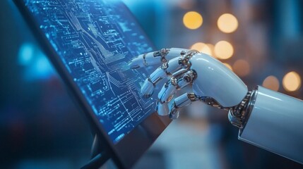 Leinwandbilder - A robotic hand interacts with a digital screen displaying intricate circuits and data patterns.