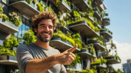 Poster - A man stands smiling with a thumbs up gesture in front of a contemporary apartment building adorned with lush greenery. The setting highlights modern architecture and sustainable living.