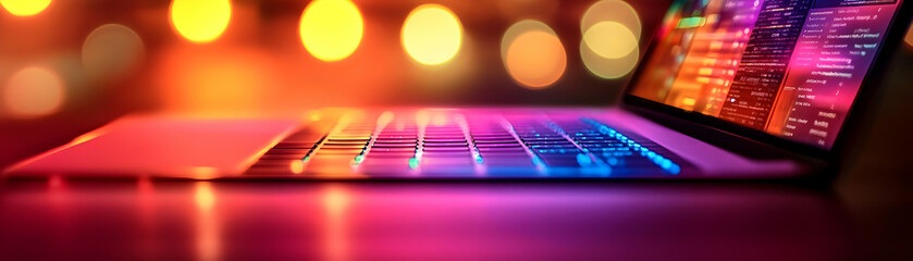 Laptop Keyboard Glows with Colorful Lights, Code on Screen, Night Background