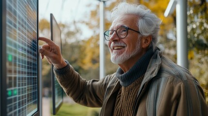 Aufkleber - A senior man, smiling and engaged, points at a digital display featuring real estate listings. The setting is outdoors with colorful foliage, suggesting a warm, inviting atmosphere in autumn.