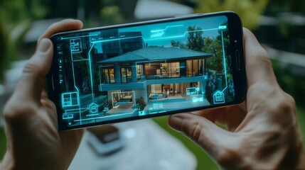 Aufkleber - A person interacts with a mobile application showcasing a modern luxury home through augmented reality. The setting is surrounded by greenery, emphasizing the property's elegant design.