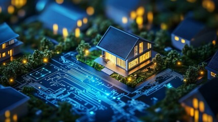 Aufkleber - A modern house stands out in a digital landscape, surrounded by illuminated homes. The streets are highlighted with blue circuitry, symbolizing the integration of technology in real estate.