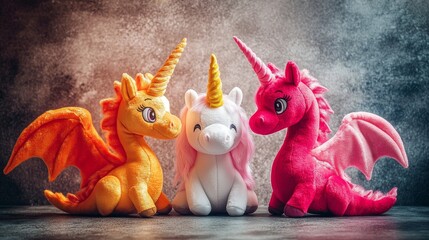 Wall Mural - Colorful dragon and unicorn plush toys set, fantasy cute stuffed animals, gray background