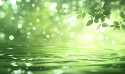 Wall Mural - Blurred green water background with the reflection of nature, blurred green trees and plants in the blurry light on the water surface