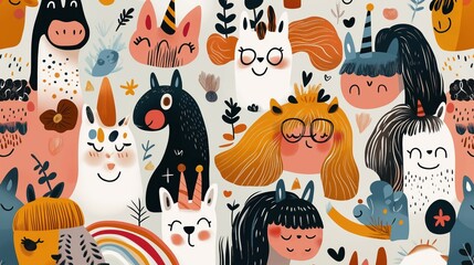 Colorful whimsical illustration featuring cartoon animals and abstract elements with playful expressions in a vibrant and cheerful style.