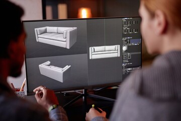 Leinwandbilder - Two designers working on creating 3D models of furniture using specialized rendering software and 3D modeling techniques for a design project