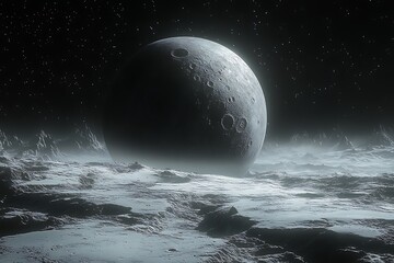 Wall Mural - A large, cratered moon hangs low over a desolate, icy landscape, under a starry sky.