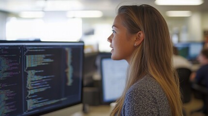 Leinwandbilder - Focused woman engages with computer code on a screen in a bustling office. The bright workspace highlights her dedication to software development amidst colleagues collaborating nearby.