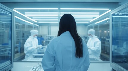 Leinwandbilder - A woman in a lab coat stands in a modern laboratory, observing two researchers in protective gear as they conduct experiments. The cool blue lighting enhances the futuristic setting.
