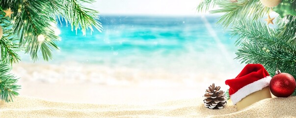Wall Mural - Christmas ornaments decorating a tropical beach with turquoise water and fir branches