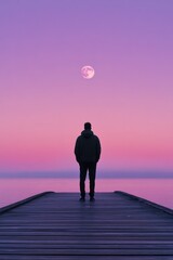 Wall Mural - man on dock looking at moon