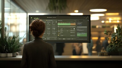 Aufkleber - A person observes a digital interface displaying data in a modern workspace.