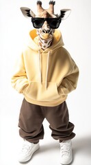 Leinwandbilder - A giraffe wearing sunglasses and casual clothing poses playfully, blending animal and fashion.