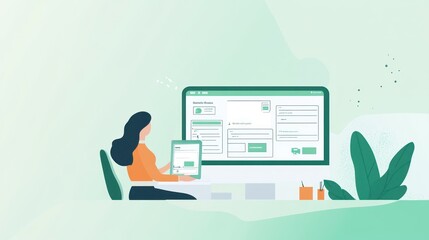 Poster - A person using a tablet while working on a computer in a modern, minimalistic workspace.