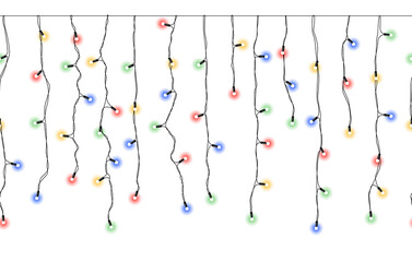 Wall Mural - decorative horizontal border with hanging christmas light chains on transparent background