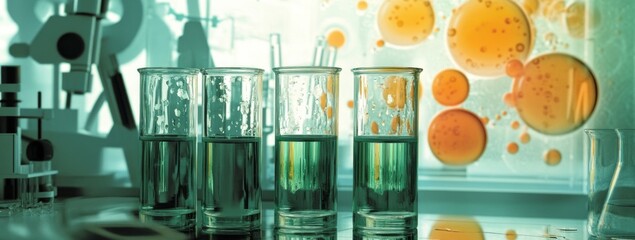 Aufkleber - Laboratory scene with beakers and colorful culture samples for scientific research.