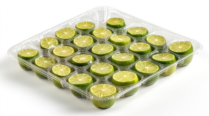 Wall Mural - A tray filled with halved limes, showcasing their vibrant green color and juicy texture.