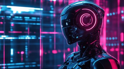Wall Mural - futuristic black robot with neon accents against technology background
