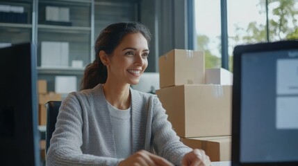 Poster - A woman with a bright smile sits at a desk in a contemporary office filled with natural light. She is engaged in her work, focused on her computer screens while surrounded by cardboard boxes.