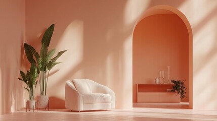 Poster - A serene interior with a peach-colored wall, a cozy sofa, and decorative plants.