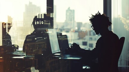 Aufkleber - A silhouette of a person working on a laptop, reflecting a city skyline in the background.