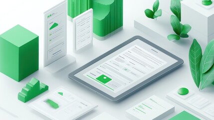 Aufkleber - A digital workspace featuring green-themed elements, a tablet, and various data visuals.