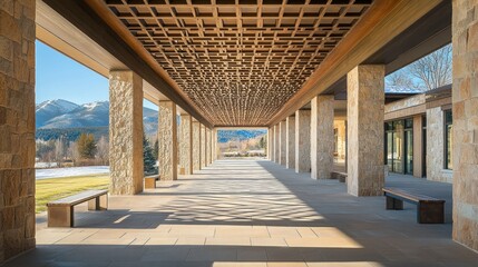 Leinwandbilder - A serene architectural corridor with stone pillars and a patterned ceiling, showcasing nature.