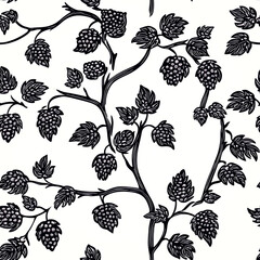 Black and white seamless pattern of hops.
