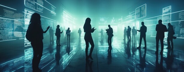 Poster - Silhouetted figures interacting with digital screens in a futuristic environment.
