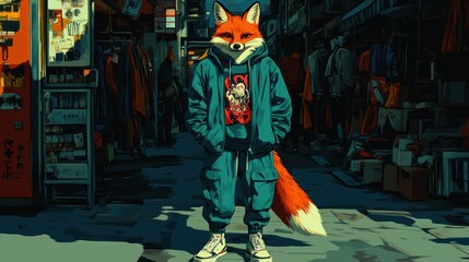 Leinwandbilder - A stylized anthropomorphic fox character stands in a vibrant urban setting.