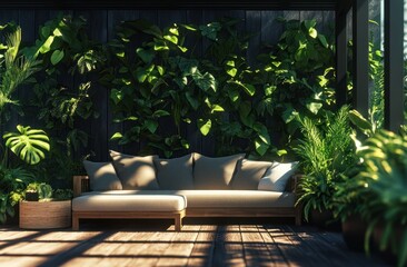 Poster - A cozy seating area surrounded by lush greenery in a bright, inviting space.