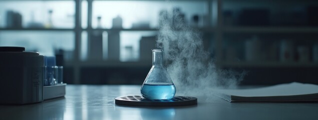 Aufkleber - A laboratory flask emitting steam, filled with blue liquid, set against a blurred background.