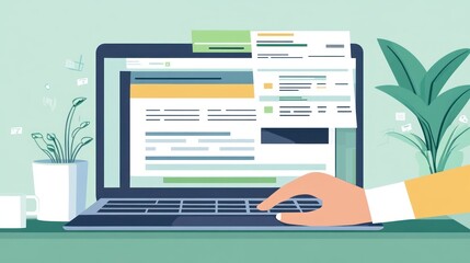 Leinwandbilder - A hand interacts with a laptop displaying a digital interface and plants in the background.