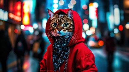 Leinwandbilder - A person in a red hoodie with a cat's face, set against a vibrant urban backdrop.