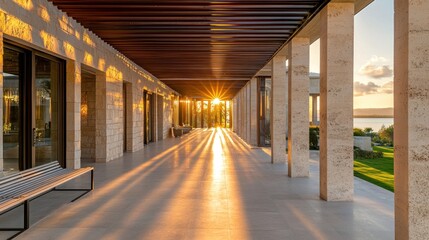 Aufkleber - Modern architectural corridor with sunset lighting and long shadows.