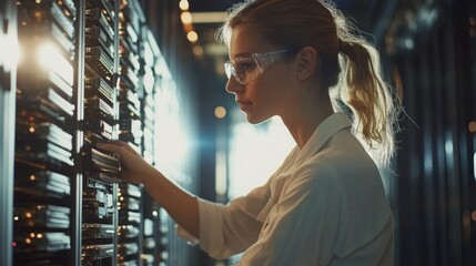 Aufkleber - A woman in a lab coat and protective eyewear is focused on adjusting equipment in a server rack within a modern data center. Bright lights illuminate her workspace, highlighting her concentration.
