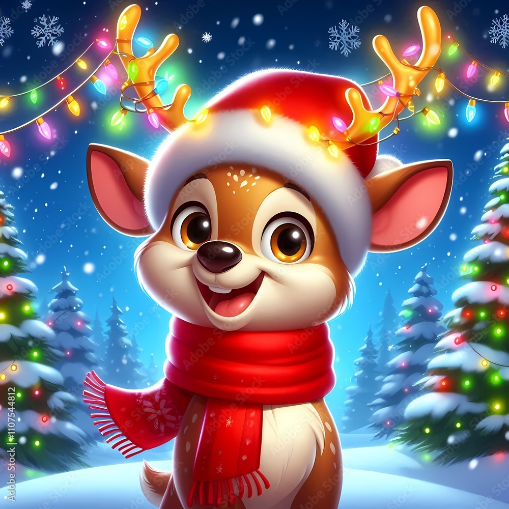Joyful reindeer wearing Santa hat and scarf stands in a winter ...