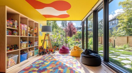 Aufkleber - A vibrant playroom with toys, bean bags, and large windows overlooking a garden.