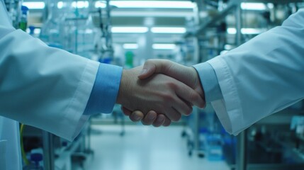 Poster - Two individuals in lab coats shaking hands in a scientific environment.
