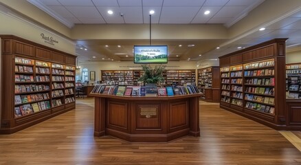 Aufkleber - A cozy bookstore interior featuring wooden shelves filled with books and a central display.