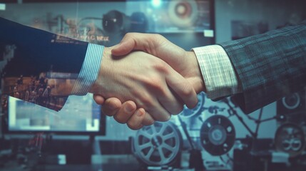 Poster - A handshake symbolizing partnership, overlaid with industrial imagery.