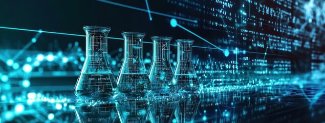 Aufkleber - A futuristic scene featuring laboratory flasks with digital data visualizations.