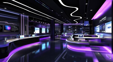 Poster - A modern tech showroom featuring sleek displays and vibrant lighting.
