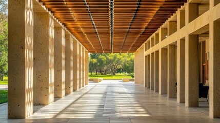 Leinwandbilder - A serene architectural corridor with natural light and views of greenery.