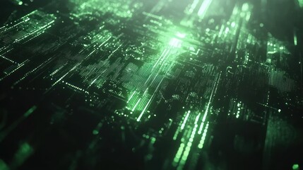 Aufkleber - Abstract digital landscape with glowing green circuitry and data patterns.